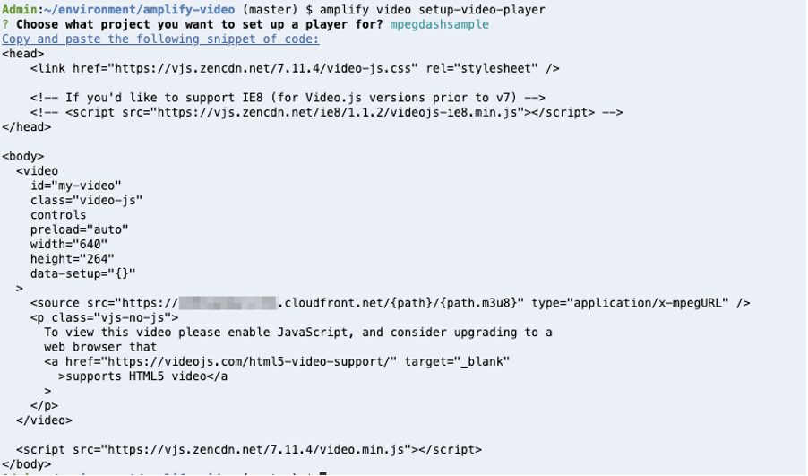 Amplify Video generated video player HTML page for video playback
