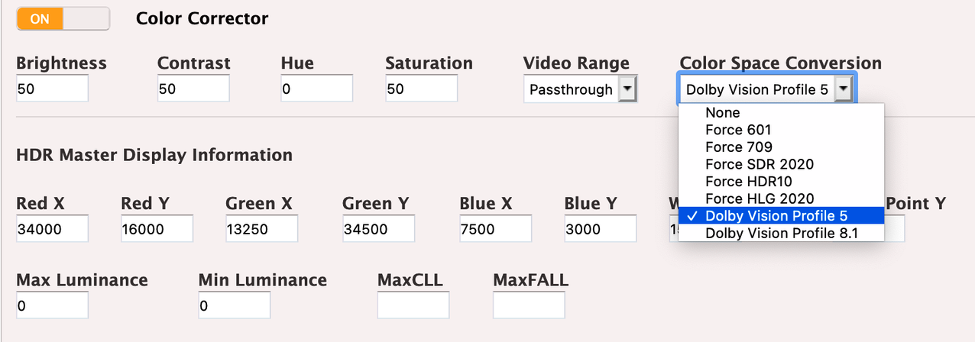 The Dolby Vision settings in the AWS Elemental Live software GUI