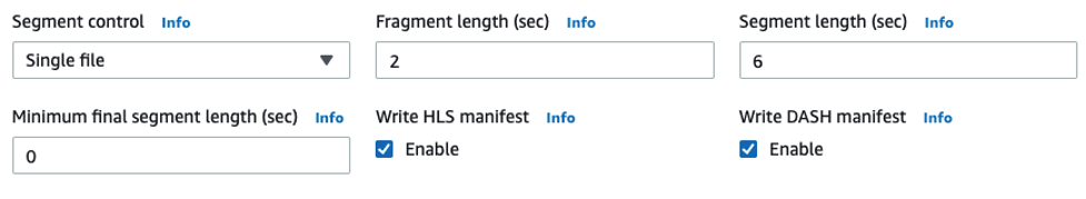 Settings for segment control, fragment length, segment length.