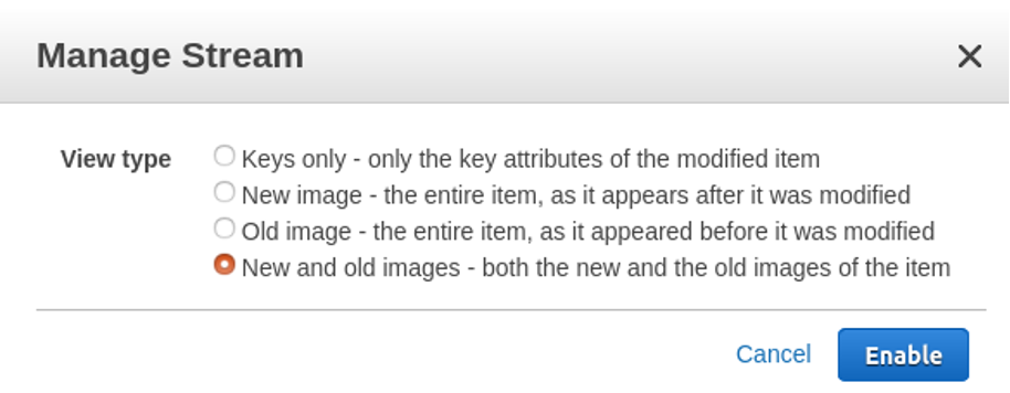 DynamoDB steam configuration menu