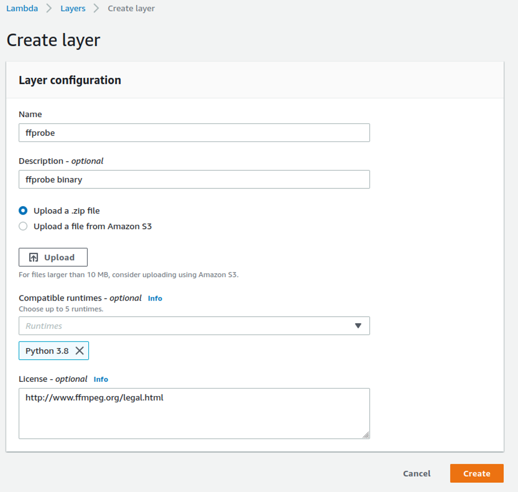 AWS Lambda layer creation menu