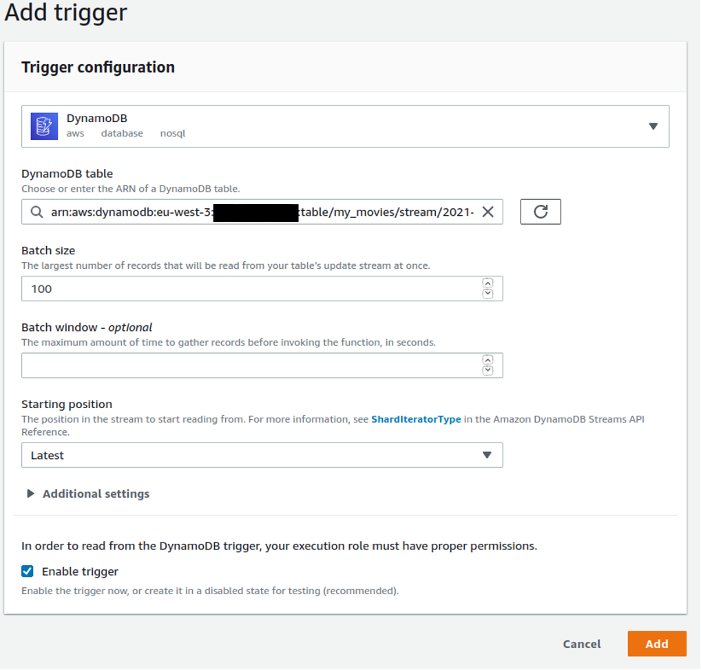 AWS Lambda trigger configuration menu