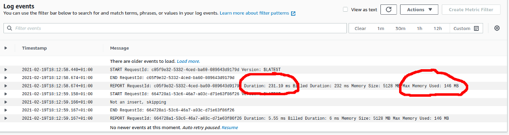 CloudWatch events log is displaying the AWS Lambda function execution duration and memory consumption