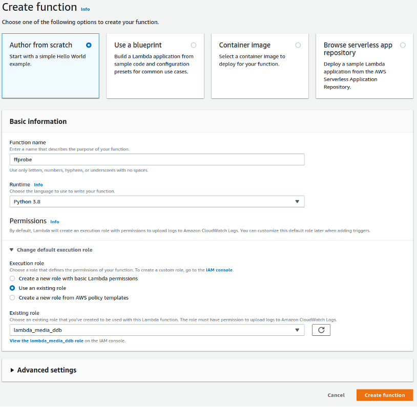 AWS Lambda function creation menu