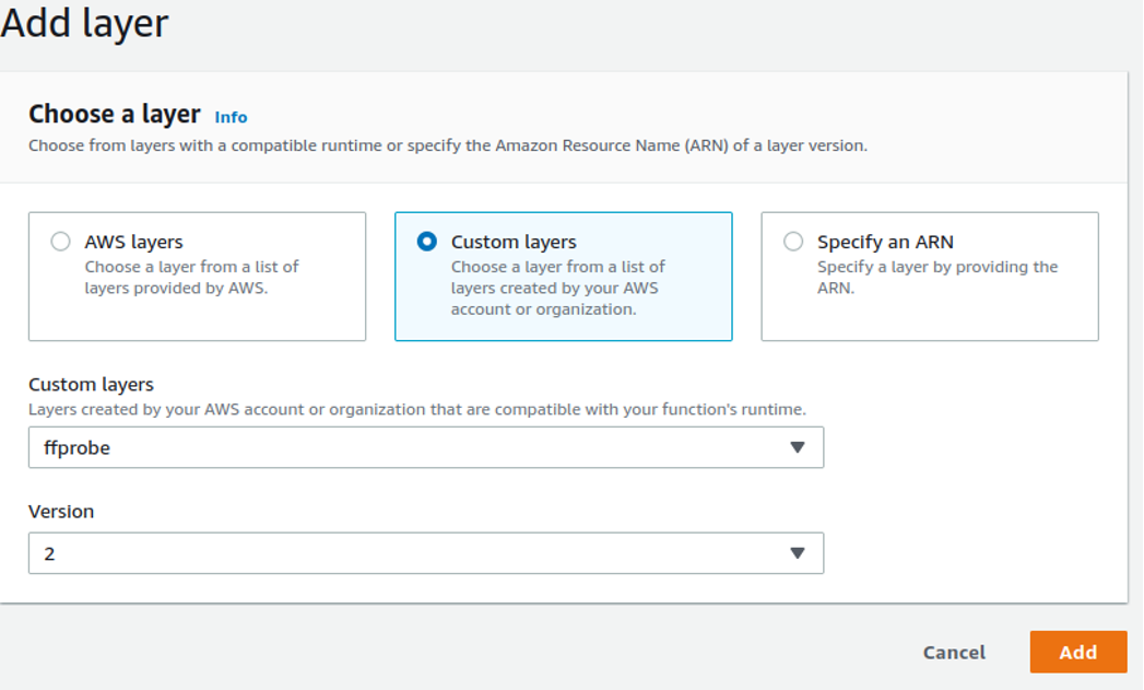 AWS Lambda layer configuration menu