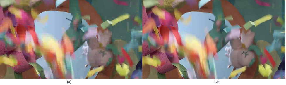 Figure 4: Frame captures for encodings at a maximum bitrate of 4.5&nbsp;Mbps, comparing (a) QVBR quality level 8 and (b) QVBR Auto