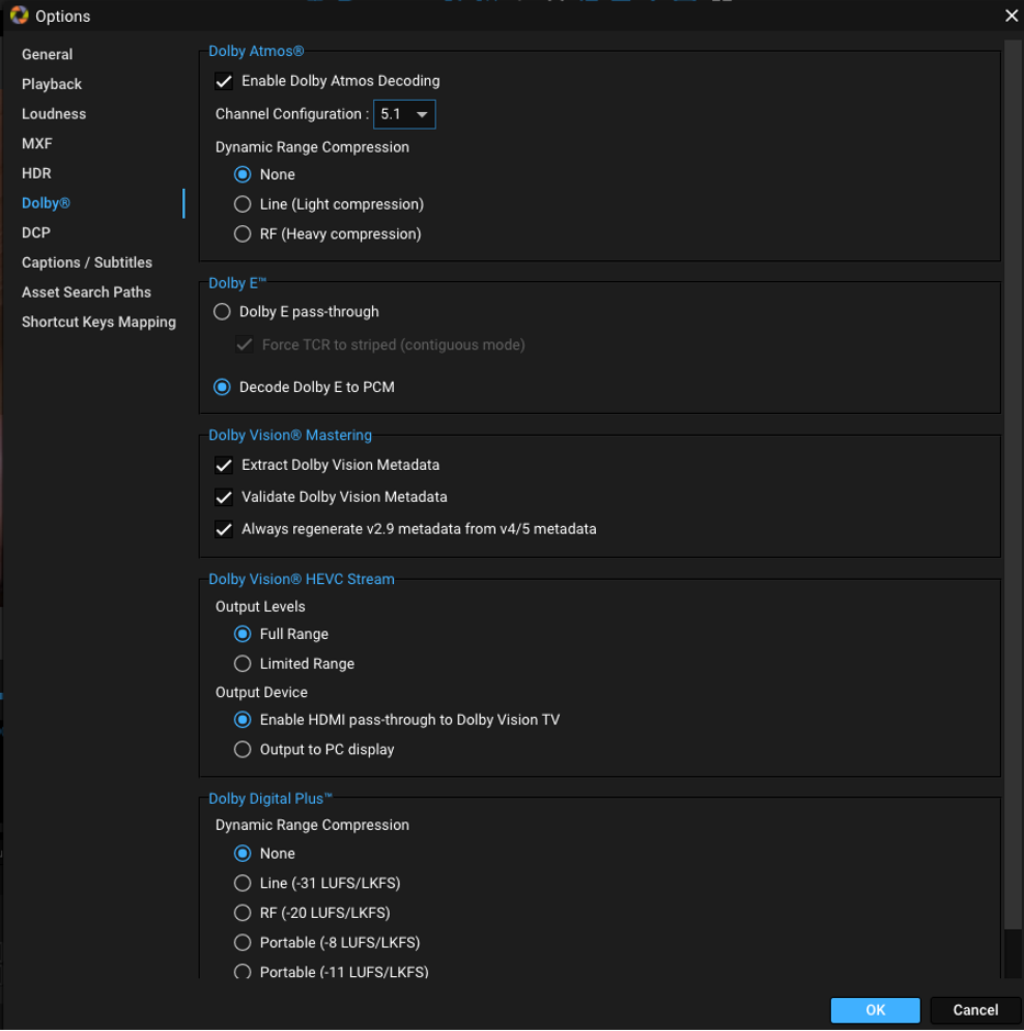Dolby Vision file playback options, including the ability to extract Dolby Vision CMU metadata