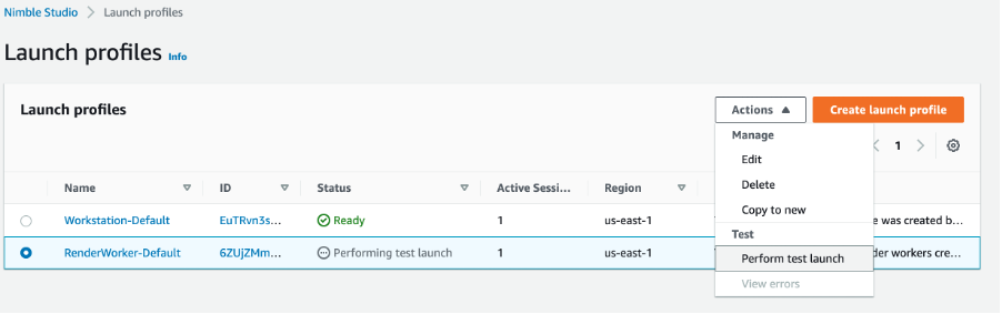 Administrator view in Nimble Studio for performing a test launch