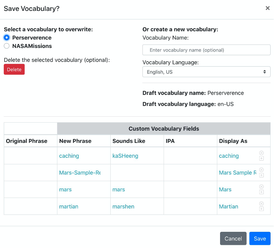 Figure 2 - In-app user interface for creating and modifying custom vocabularies.