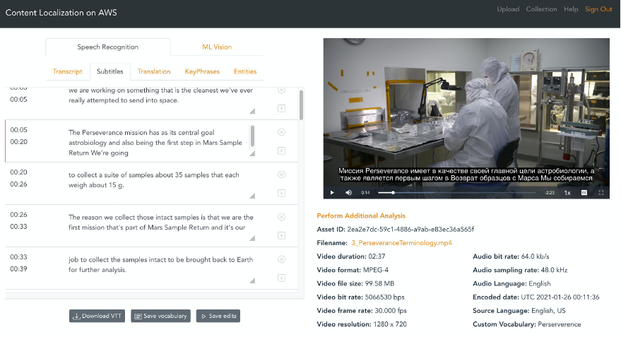 Figure 5 - user interface for subtitle editing and video analysis