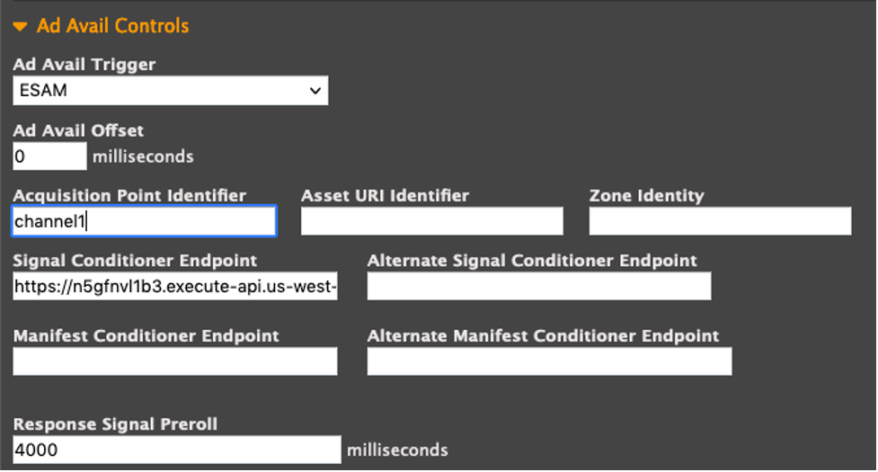 Screen capture of Ad Avail Controls within the AWS Elemental Live event graphical user interface (GUI)