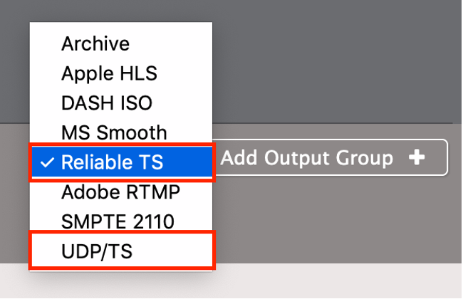 Screen capture of supported output groups in AWS Elemental Live, with Reliable TS and UDP/TS highlighted