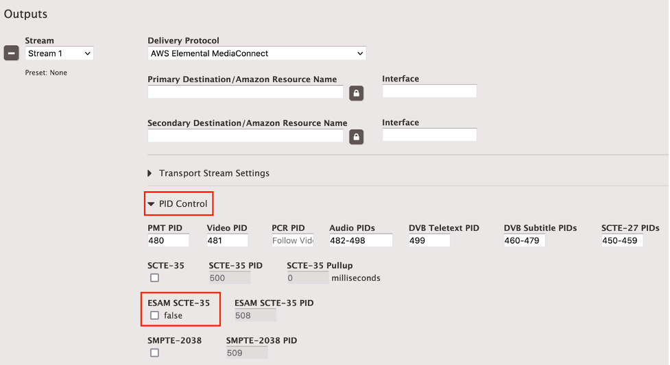 Screen capture of AWS Elemental Live Outputs section with PID Control and ESAM SCTE-35 properties highlighted