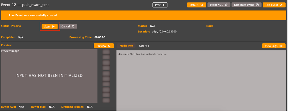 Screen capture of AWS Elemental Live Event Control with the Event Start button highlighted
