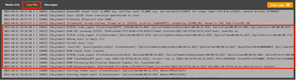 Screen capture of AWS Elemental Live Event logs with SCTE 35 and ESAM lines highlighted
