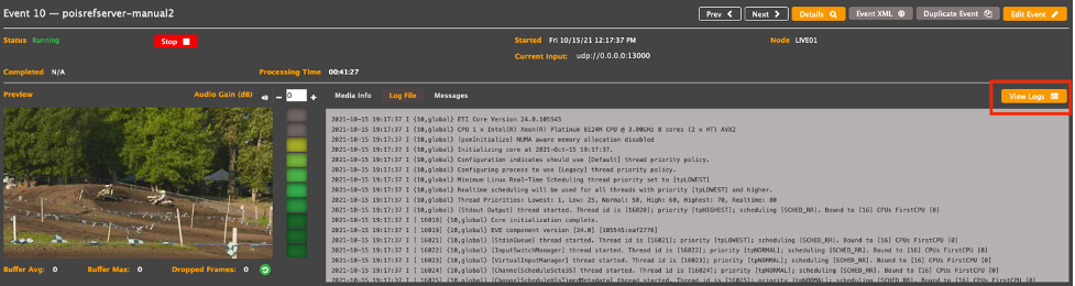 Screen capture of AWS Elemental Live Event Control with the View Logs button highlighted