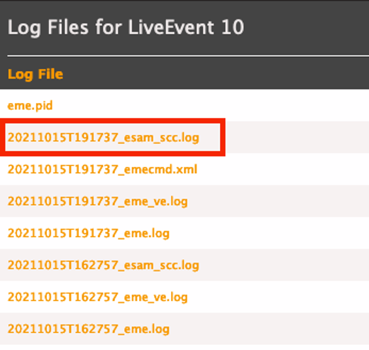 Screen capture of AWS Elemental Live Event Control Log list with the ESAM SCC log file highlighted