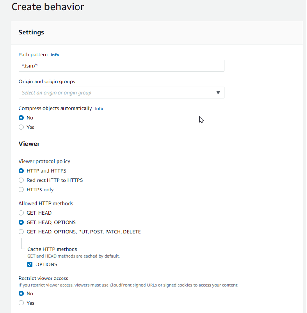 Screen shot of CloudFront console for configuring cache behavior