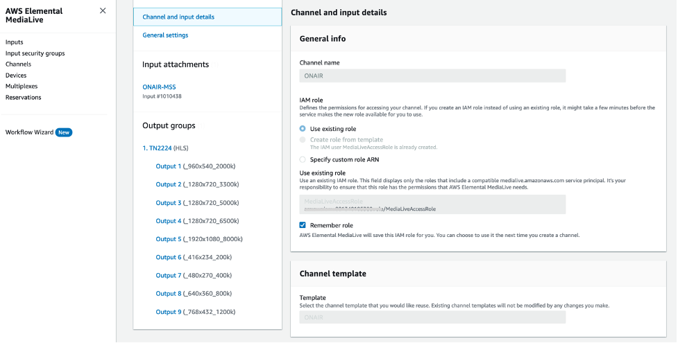 Screenshot of AWS console for AWS Elemental MediaLive. Shows configuration for channel details and HLS output group with ABR ladder