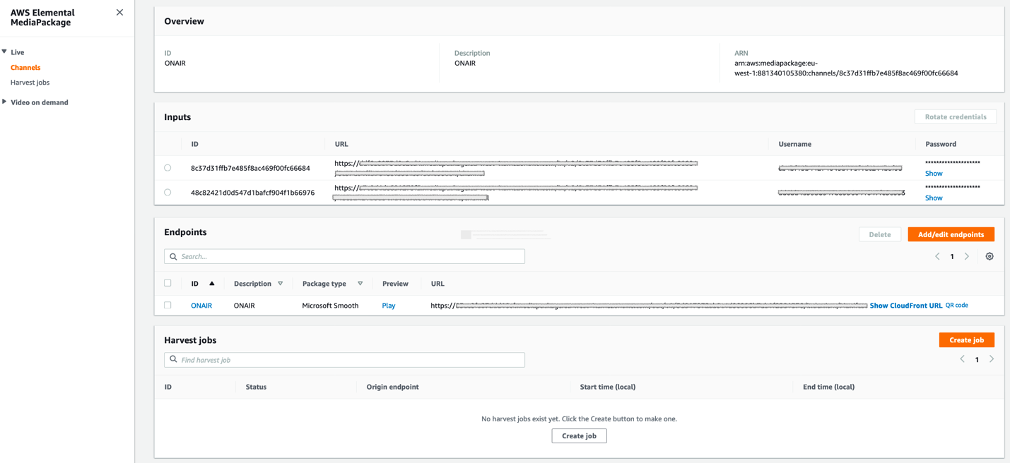 Screenshot of AWS console for AWS Elemental MediaLive. Shows configuration for channel details and HLS output group with ABR ladder