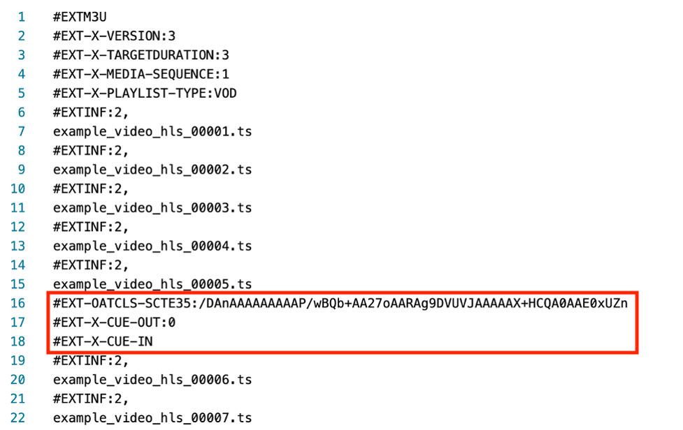 This HLS manifest shows the CUE-OUT and CUE-IN that will signal to MediaTailor to insert new ads and expand the total duration of the asset.
