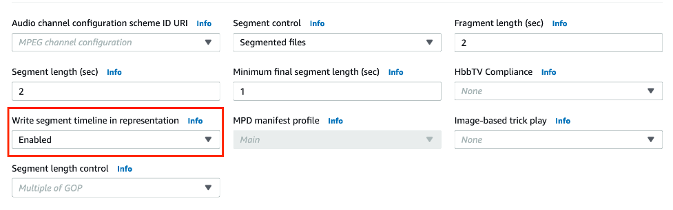 This image shows the “Write segment timeline in representation” set to “Enabled.”