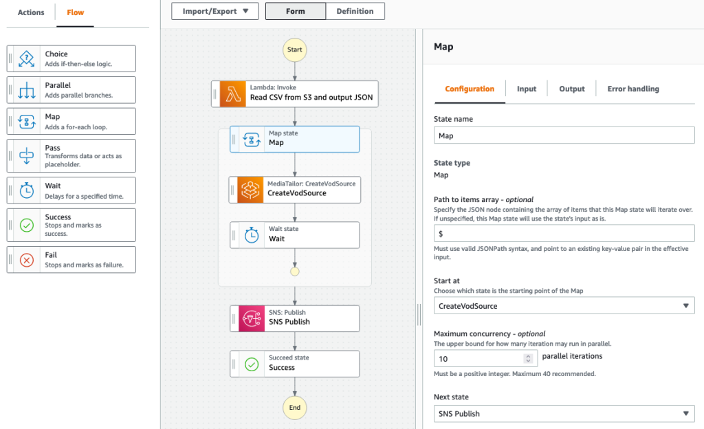 Workflow Studio designer showing the flows available, a flow chart of the Step Function definition and configuration options.