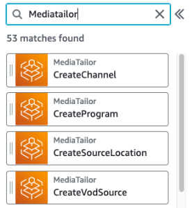 Workflow Studio actions for MediaTailor including CreateChannel, CreateProgram, CreateSourceLocation, CreateVODSource