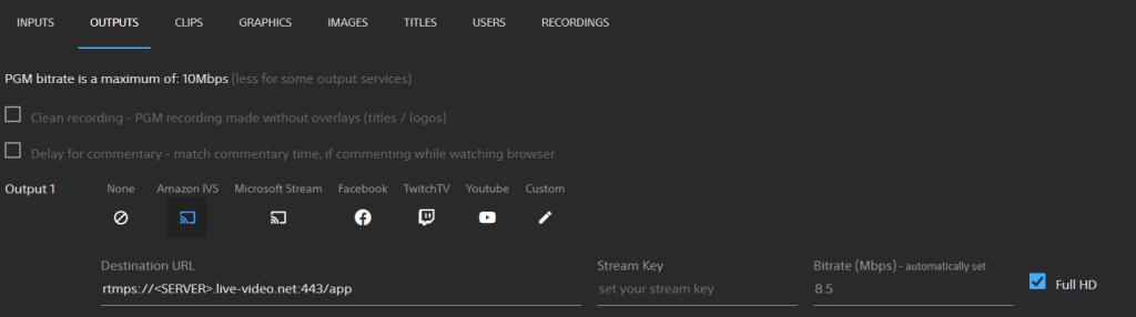 Screenshot showing Outputs tab of Sony Virtual Production with field to enter destination URL 