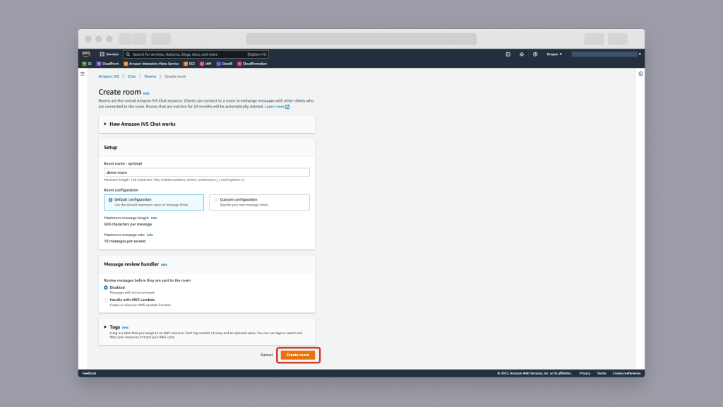 The Create room page with default options selected.