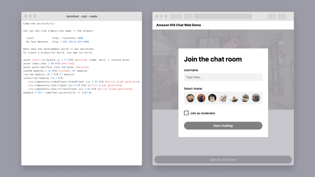 The demo application is running in a web browser next to a terminal window showing the output of the npm start script.