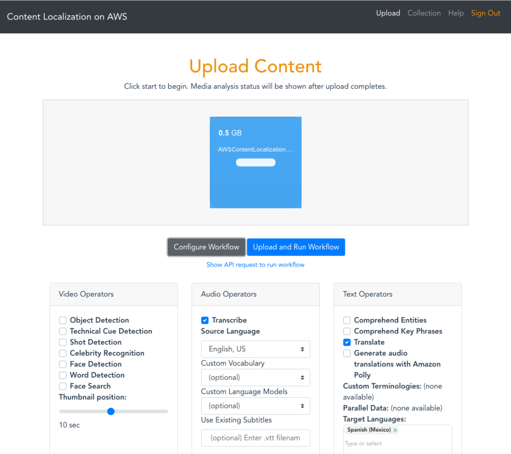 An example configuration for a Content Localization on AWS job 