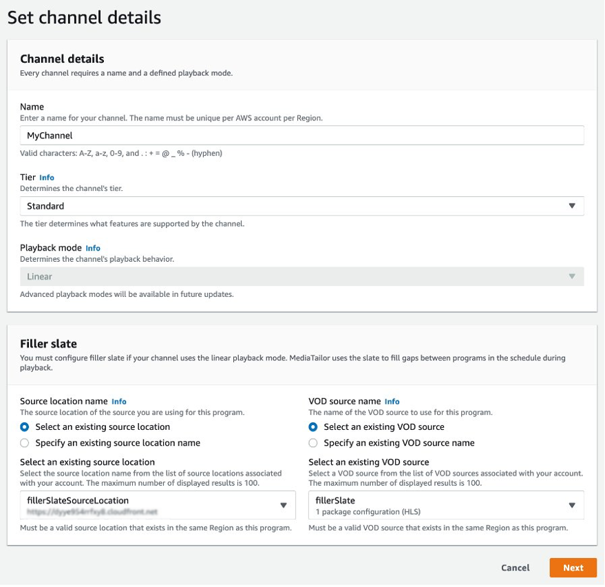 Setting the channel details such as name, tier, Filler slate ad name and source for the MediaTailor Channel Assembly