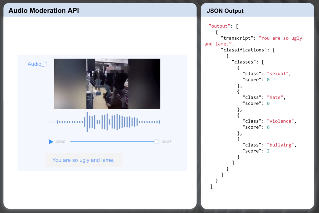 Simplified JSON response from the Hive audio moderation API after submitting a short audio example file (“You are so ugly and lame”)