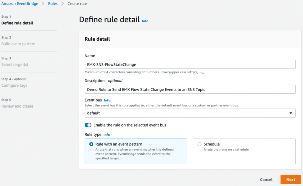 This image shows a screen capture of the Amazon EventBridge Rule creation wizard.