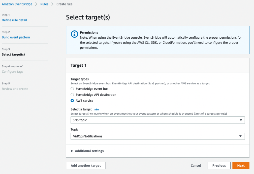 This image shows a screencapture of the Amazon EventBridge target(s) creation wizard.
