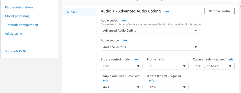 Audio 1 is selected under Encoding settings. The Sample rate (kHz) field is completed with 44.1 and the Bitrate (kbit/s) field is completed with 128.0. The rest of the settings are left with their default values