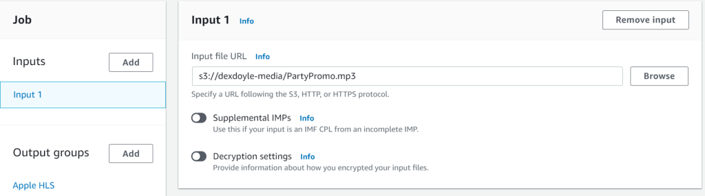 Showing the Create job screen within AWS Elemental MediaConvert. Input 1 is selected from the left sidebar with Input file URL completed with S3 location of source file (s3://...PartyPromo.mp3)