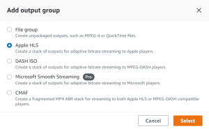 Within Create job section - Add output group is displayed with output options (File group / Apple HLS, DASH ISO, Microsoft Smooth Streaming, CMAF). Apple HLS option is selected