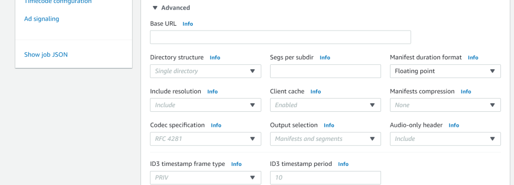 The advanced section of the Apple HLS Output group is down. Manifest duration format is completed with Floating point. The rest of the settings are left with defaults. 