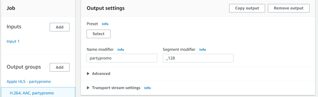 H.264, ACC, partypromo is selected. Output settings is displayed with Name modifier completed with "partypromo" and Segment modifier completed with "_128"