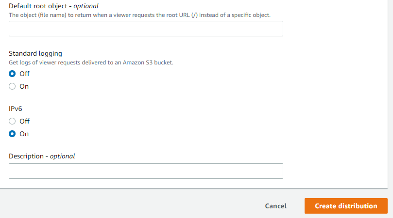 At the bottom of the page for CloudFront distribution, a Create distribution button is displayed. 
