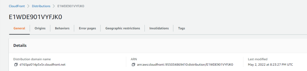 CloudFront distribution overview page with details such as Distribution domain name, ARN and Last modified.