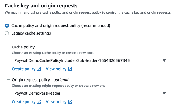 CloudFront console showing cache key and origin request policies