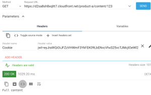 Screenshot of REST client. User has a subscription to “Product A”, and so the origin responds with “Full content” to emulate returning the full content item.