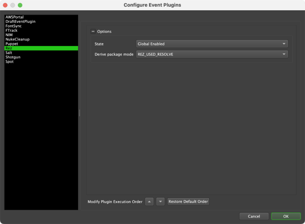 Figure 3: Rez: Configure Event Plugin dialog in Deadline