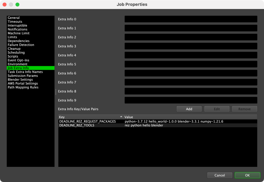 Figure 4: Rez: Blender request packages and tools present in Deadline job, post-submission