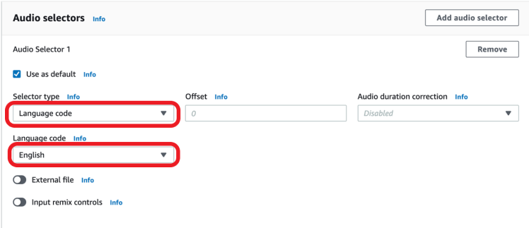 Selector Type and Language Code selection in Audio selectors section