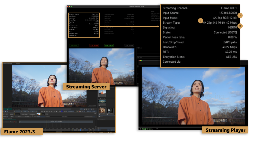 A diagram showing the relationship between the Flame application, the Colorfront Streaming Server, and the Colorfront Streaming Player. It has 3 callouts from the user interface of the Streaming Server. 1, 4K 24p RGB 12-bit. 2, 4K 24p 444 10-bit 40 Mbps. 3, HDR10
