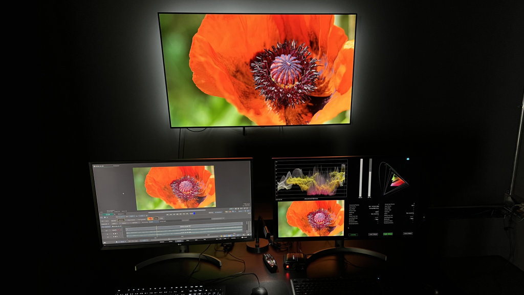 A Flame suite configured to use Colorfront Streaming Server for video preview, showing a 2 monitor workstation setup with a larger reference TV wall mounted above